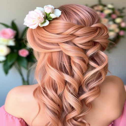 Soft rose gold hair styled in romantic, loose curls with a floral hair accessory, the Blushing Bloom style embodies feminine charm and delicate beauty