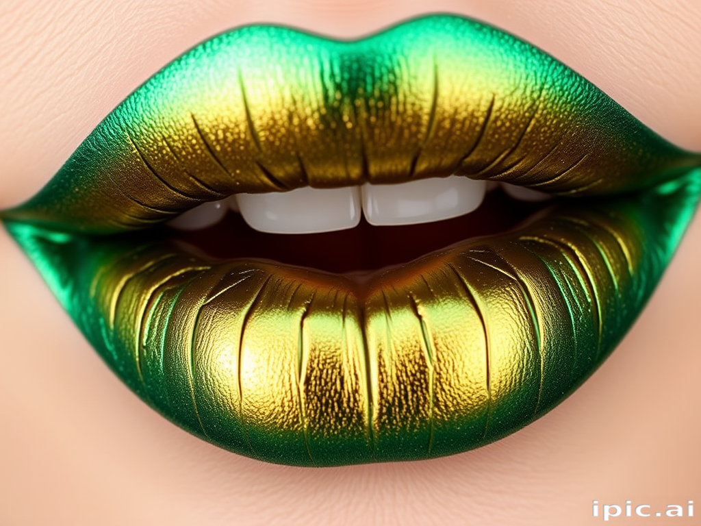Duochrome green-gold lip topper "Mermaid's Kiss" that transforms any lip color with a magical shift effect, perfect for creative and avant-garde makeup, lightweight and comfortable