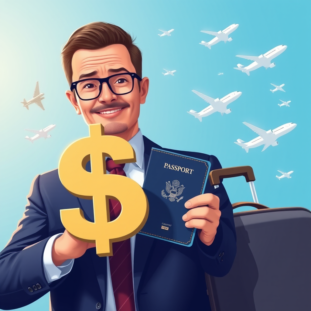 Create an illustration of a businessman holding a dollar sign in front of a passport and a suitcase, with airplanes flying around in a bright blue background, using a Canon EOS R5, 35mm lens, f/8 aperture, ISO 100, high dynamic range for enhanced detail and clarity.