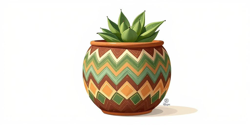 Create a detailed illustration of a decorative pot featuring a chevron pattern in earthy tones of green and brown, positioned on a plain backdrop, captured using a DSLR camera at f/4.0 aperture, ISO 100, with a 50mm lens and soft diffused lighting to enhance the colors and textures.