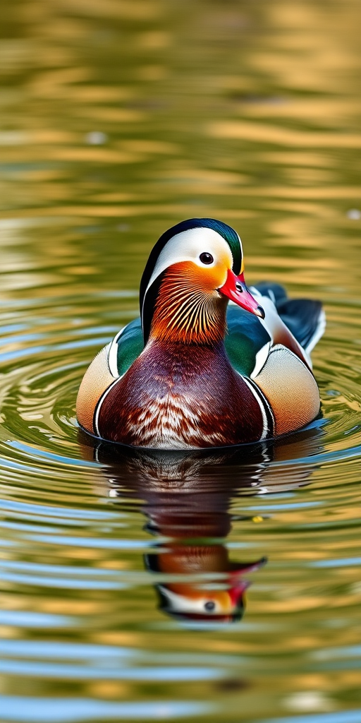 Capture a vibrant mandarin duck swimming on a rippling pond, using a 50mm lens at f/2.8, ISO 200, shutter speed 1/500s, shot from a low angle to emphasize reflections on the water surface in natural daylight with a shallow depth of field for a crisp background blur.