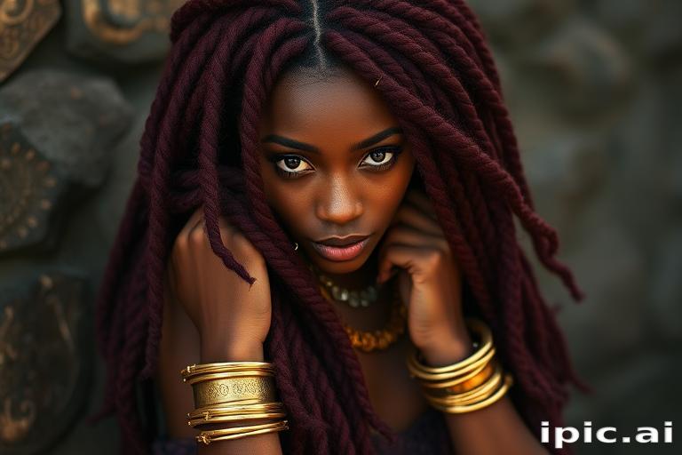 Sultry burgundy mermaid locs titled Wine Waves combining the texture of dreadlocks with loose cascading waves adorned with golden cuffs and rings for a luxurious bohemian aesthetic