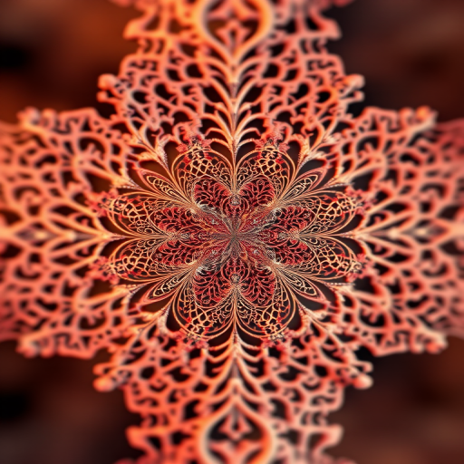 Create a high-resolution fractal image featuring intricate lace patterns in warm colors with a soft focus background, captured with a DSLR camera at f/8 aperture, ISO 100, with a 50mm lens and a view from a slightly elevated angle.
