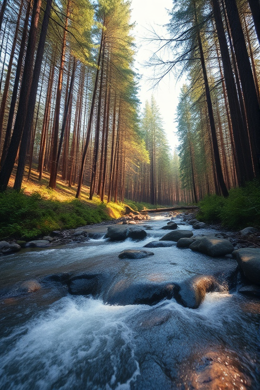 Create a high-resolution image of a tranquil forest scene with a flowing river, using a DSLR camera set to aperture f/8, ISO 200, and a shutter speed of 1/60 seconds, taken from a low angle perspective, in natural light.