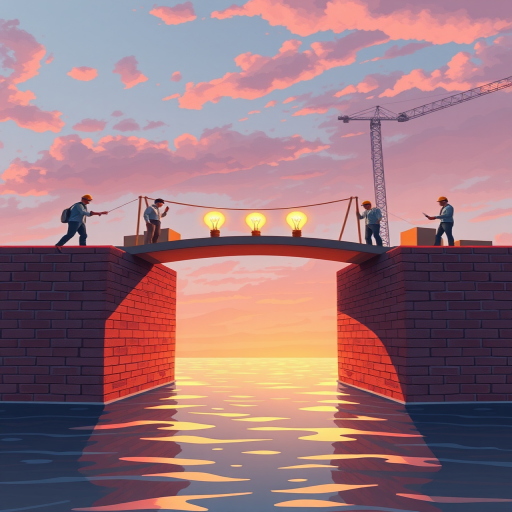 Create an illustrated scene depicting a metaphorical bridge of light bulbs connecting two brick walls over water, with professionals collaborating and constructing on both sides, use a wide-angle lens, f/8 aperture, ISO 100, 50mm focal length, in a vibrant color palette during golden hour.