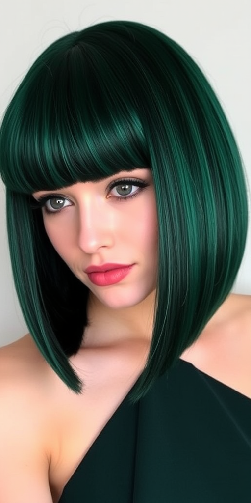 Deep emerald green hair cut into a precision bob with blunt bangs comprises the sophisticated "Evergreen Elegance" style, featuring subtle jade and forest green highlights that add depth and richness to the jewel-toned hue, creating a polished and refined look with a touch of mystique