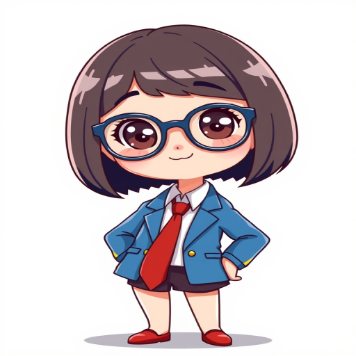 Create a high-resolution digital illustration of a cute, cartoonish character with large glasses and a short bob haircut, wearing a blue blazer and a red tie, standing confidently with a playful expression, using soft lighting, a 50mm lens, aperture set to f/1.8, shooting from a slightly low angle for better perspective, in a vector art style.