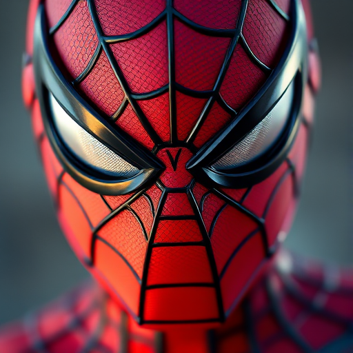 Close-up of a Spider-Man costume head with intricate web patterns, shallow depth of field, f/2.8 aperture, 50mm lens, natural lighting, capture with a DSLR camera for high detail and vibrant colors.
