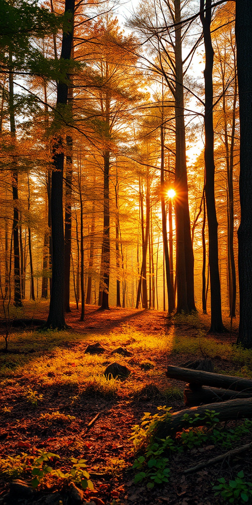 High-resolution image of a serene forest landscape during golden hour, vibrant colors with soft sunlight filtering through the trees, focus on depth of field, wide-angle lens, ISO 100, aperture f/8, shutter speed 1/60 sec, taken with a DSLR camera.