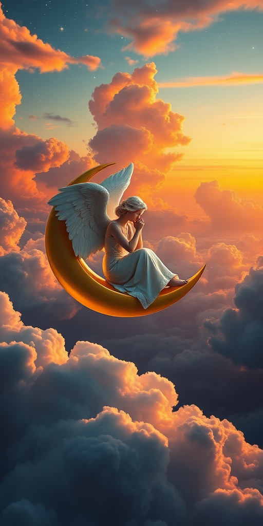 Create a high-resolution image of a celestial angel sitting on a crescent moon, surrounded by vibrant clouds and stars, using a DSLR camera with a 50mm lens, f/1.8 aperture, ISO 200, and a sunset lighting style to enhance color saturation and depth.