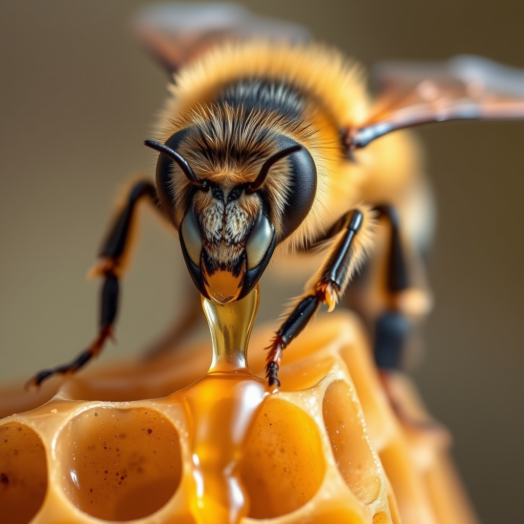 Regenerate a high-resolution image of a hyper-realistic bee on a honeycomb with dripping honey, using a macro lens at f/2.8 aperture, 1/250 shutter speed, ISO 100, in soft natural lighting, with a slight bokeh effect in the background.