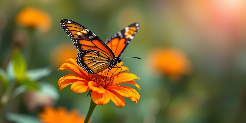 Generate an image of a vibrant butterfly perched on a bright orange flower, with a soft, blurred background that suggests a garden setting. The butterfly should have distinct black and orange patterns on its wings, and the flower should be detailed with vivid petals. The overall mood should be serene and colorful, capturing the beauty of nature.