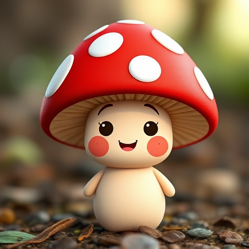 Create a cute cartoon mushroom character with a large red cap featuring white spots, a smiling face, and rosy cheeks, using a Canon EOS 5D Mark IV, 50mm lens, f/2.8 aperture, ISO 100, and soft natural lighting to enhance colors and details.