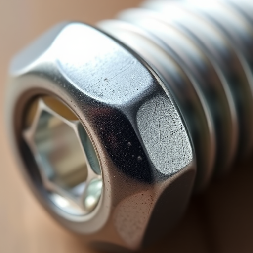 Create a detailed close-up image of a metallic bolt with a shiny surface, featuring a macro lens setup, aperture set to f/2.8 for a shallow depth of field, ISO 100 for minimal noise, and a focus on the threading texture, using a DSLR camera with natural lighting.