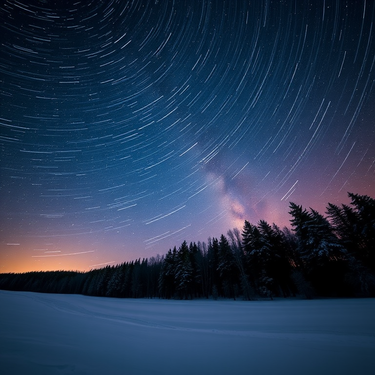 create a high-resolution image of a starry night sky with a shooting star and wispy trails over a snowy landscape, captured with a Canon EOS R5, 24mm lens, f/2.8 aperture, ISO 800, 30-second exposure time, wide-angle view, and vibrant colors to enhance the atmosphere.