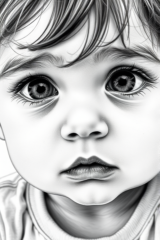 A hyperdetailed photorealistic black and white sketch of a beautiful toddler with deep black eyes, with a macro focus