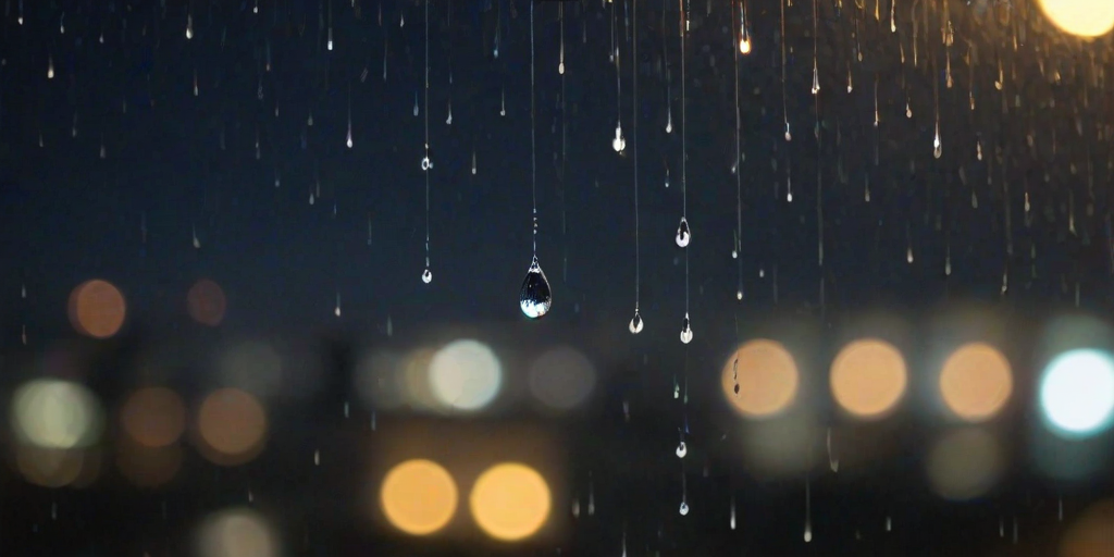 High-resolution close-up of a raindrop sliding down a windowpane, soft focus on the blurred city lights outside, with tiny streaks of water reflecting the ambient glow.