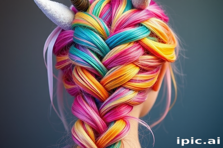Whimsical rainbow unicorn braid incorporating every color of the spectrum, creating a magical and fantastical look, titled "Prismatic Dream"