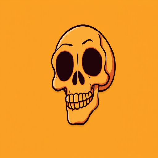 Create a vibrant digital illustration of a stylized skull in a playful cartoon style with an orange color scheme, using a Canon EOS R5 camera, 50mm lens, f/2.8 aperture, ISO 100, and a shallow depth of field to emphasize the skull with a softly blurred background.