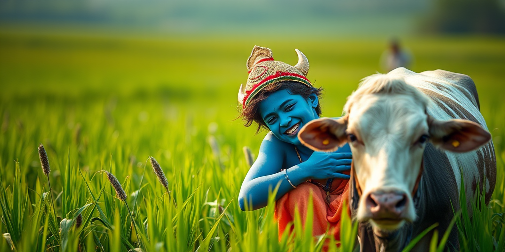 Create a vibrant, high-resolution image of a young god with blue skin joyfully embracing a cow in a lush green field, using a Canon EOS R5 with a 50mm lens, aperture f/1.8, ISO 100, natural soft lighting, and a shallow depth of field for enhanced detail and color contrast.