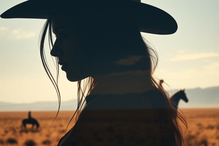 "Create a Double exposure", a silhouette "profile portrait of a young cowgirl" with long hair "superimposed" against a long shot of a cowgirl riding a horse across the plains, fantastic view, 32k, cinematic, hyper-realistic.