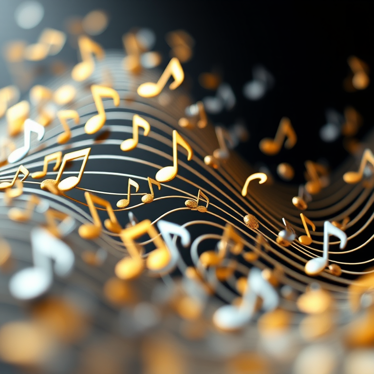 Create an image of a flowing wave of musical notes in gold and silver, using a high-resolution digital camera at f/2.8 aperture, 1/125 shutter speed, and ISO 100, with a macro lens perspective to capture fine details.