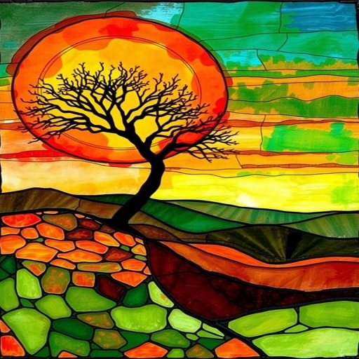 A vibrant abstract painting on Tiffany Glass, blending acrylic and alcohol ink techniques, captures a dramatic sunset over rolling hills. The artwork features a textured, rocky foreground in green and brown, layered abstract hills, and a striking sunset in rich oranges, yellows, and reds. A solitary black tree with intricate branches contrasts against the fiery sky, creating a dynamic and expressive portrayal of a breathtaking natural scene.