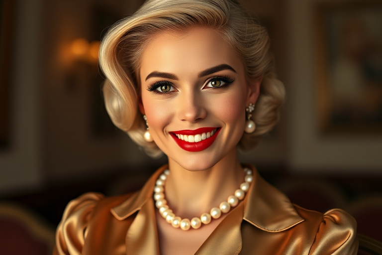 A beautiful Hispanic woman reminiscent of 1950s Hollywood glamour, with perfectly styled blonde hair and a seductive smile, dressed in a satin blouse and adorned with pearls, soft and warm tones, photorealistic, 8K