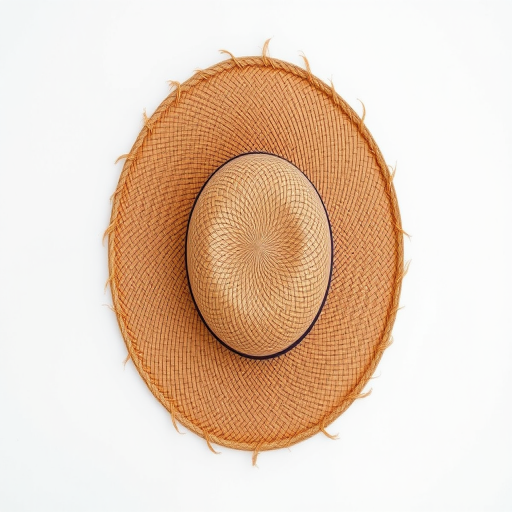 straw hat on a plain background, high resolution, camera settings: f/2.8, 1/125s, ISO 100, 50mm lens, top-down view, natural lighting, DSLR camera