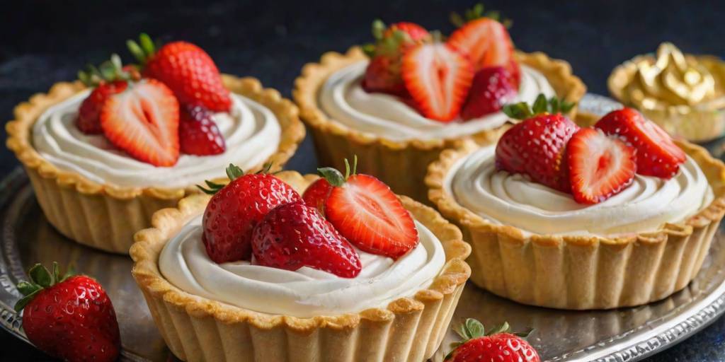 Create an image of delicious fruit tarts featuring a golden meringue topping, fresh strawberries, and a creamy custard filling, arranged beautifully on a silver platter.