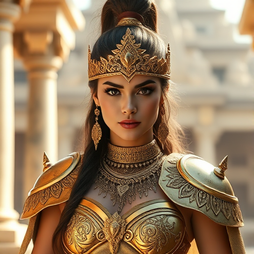 Create a hyper-realistic portrait of a regal warrior woman wearing ornate gold armor and jewelry, set in an ancient temple environment, captured with a DSLR camera at 50mm, f/1.8 aperture, ISO 100, and natural light for a soft, ethereal glow.