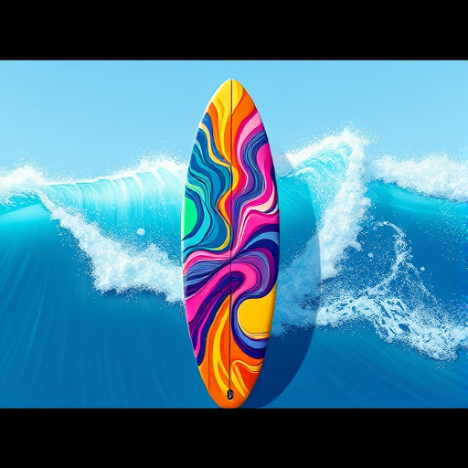 Create a vibrant digital illustration of a surfboard with fluid designs, using a high-resolution setting at 300 DPI, a 50mm lens for a focused view, in a bright and well-lit environment, reminiscent of a 3D render style to enhance details and colors.