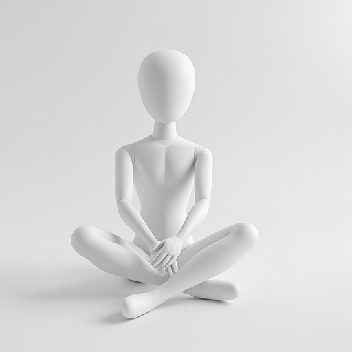 Create a 3D render of a minimalist humanoid figure sitting with legs crossed, using a Canon EOS R5 with a 50mm lens, aperture f/1.8, ISO 100, and a soft diffused backlight, with a clean white background for a high-quality visual effect.