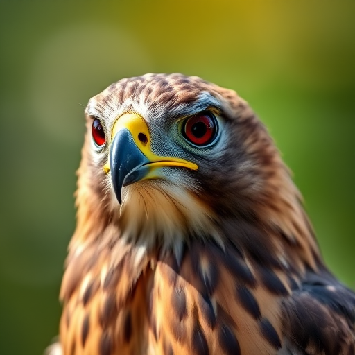 Capture a close-up portrait of a hawk with sharp detail and rich colors using a DSLR camera, 85mm lens, aperture f/1.8, ISO 200, natural lighting, shallow depth of field.