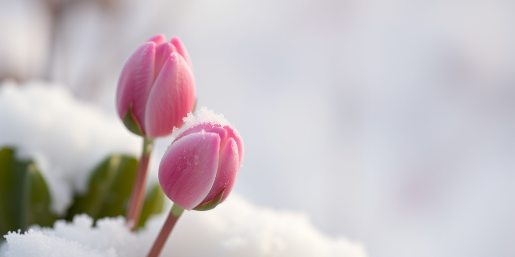 Photograph two pink flower buds covered in snow with a soft-focus background, 50mm lens, f/2.8 aperture, 1/200 sec shutter speed, ISO 100, taken with a DSLR in macro mode.