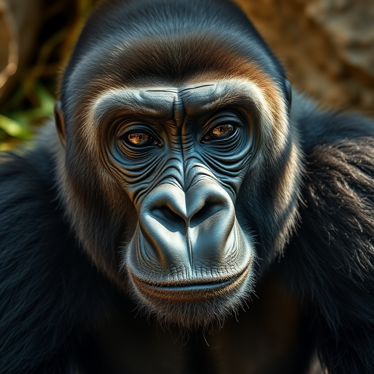 Capture a close-up portrait of a gorilla in natural light, using a DSLR camera with a 50mm lens, aperture set to f/2.8 for shallow depth of field, ISO 200 for clear details, and a shutter speed of 1/200 sec to freeze motion, shot from eye level to enhance engagement.