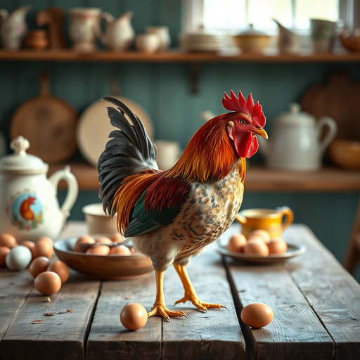 A vibrant rooster standing on a rustic wooden table surrounded by eggs and vintage kitchenware, soft natural lighting, shallow depth of field, 50mm lens, f/1.8 aperture, ISO 200, DSLR camera, styled for a warm, farmhouse aesthetic.
