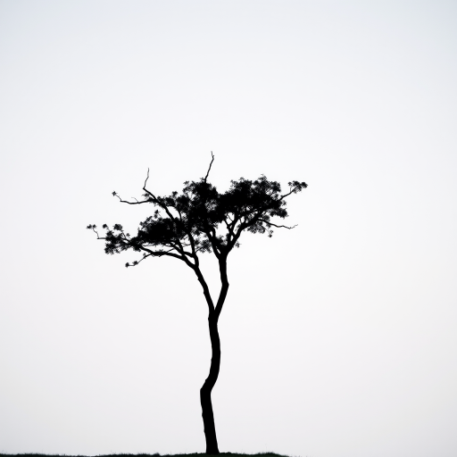 Generate a minimalist black silhouette of a tree with a calm background, shot with a Canon EOS 5D Mark IV at f/11, ISO 100, 1/125 sec, with a 50mm lens in a portrait view for enhanced clarity and detail.