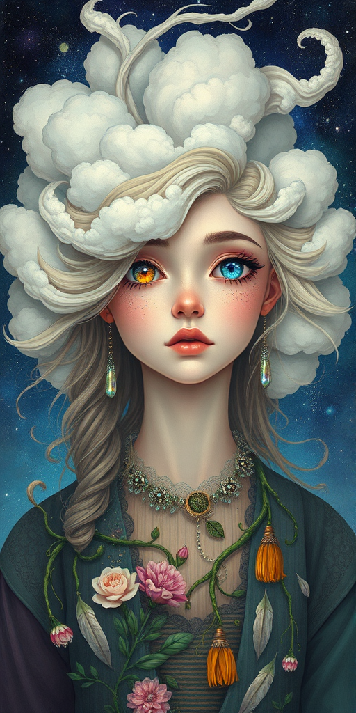 Create a series of imaginative portraits where each subject is infused with elements of fantasy and nature. The hair of the individuals should flow like clouds, varying from soft, fluffy cumulus to wispy cirrus strands, with hints of color reflecting a sunset or a clear blue sky. The eyes should be windows to entire galaxies, with stars, nebulae, and distant planets visible within them. Clothing should be adorned with nature motifs, such as floral patterns that bloom and change, vines that seem to grow and wrap around, or feathers that shimmer with iridescence. Each portrait should capture a unique personality, blending human features with the ethereal beauty of the natural and cosmic world. The backgrounds can vary, from starry night skies to enchanted forests, adding depth and context to the magical realism of the portraits