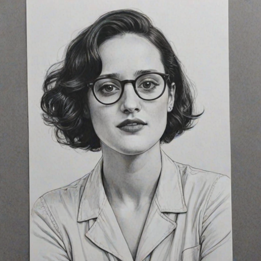 Exquisite Phoebe Waller-Bridge, pencil sketch, portrait of Ravishing woman 1949s in glasses, hair style beatnik, outline, clear lines, fine lines, 8k