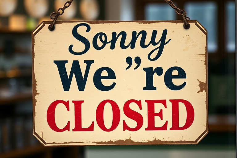 Create a vintage-style sign that says "Sorry We're Closed," capturing a rustic charm, using a DSLR camera with a 50mm lens, aperture set to f/2.8 for a shallow depth of field, ISO 100, and a soft, diffused natural light to enhance the texture and colors of the sign.