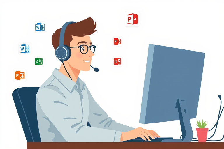 Create a digital illustration of a person wearing a headset sitting next to a desktop computer with various software icons like Word, Excel, PowerPoint, and Windows around them, using a high-resolution setting of 300 DPI, wide-angle view, flat design style, captured with a digital drawing tablet.