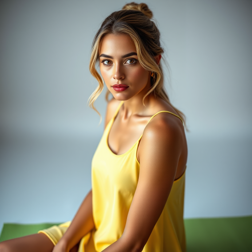Resplendent photo of woman:caucasian:0.4, highlight hair, wearing Banana dress, sitting on Yoga mat, rim lighting, studio lighting, looking at the camera, dslr, ultra quality, sharp focus, tack sharp, dof, film grain, Fujifilm XT3, crystal clear, 8K UHD, highly detailed glossy eyes, high detailed skin, skin pores