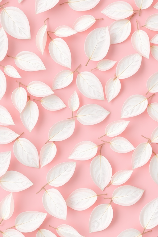 Create a seamless pattern of delicate white leaves on a soft pink background, shot with a Canon EOS R5 using a 50mm f/1.8 lens, aperture set to f/4, ISO 100, and a shallow depth of field to enhance color contrast and detail.