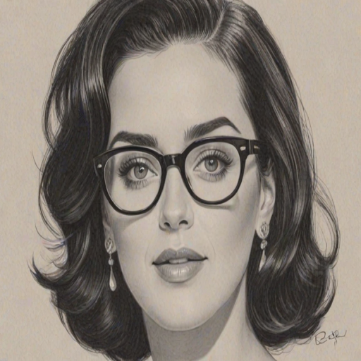 Attractive Katy Perry, pencil sketch, portrait of Beauteous woman 1956s in glasses, hair style beatnik, outline, clear lines, fine lines, 8k
