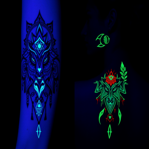 Mystical blacklight reactive tattoo called "Neon Shamanism" featuring tribal-inspired patterns and spirit animal motifs that remain nearly invisible in normal light but come to life with a vibrant glow under UV illumination intricate line work and sacred geometry elements blend seamlessly with the skin by day transforming into a luminous spiritual totem by night
