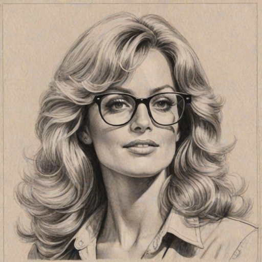 Delightful Farrah Fawcett, pencil sketch, portrait of Resplendent woman 1941s in glasses, hair style beatnik, outline, clear lines, fine lines, 8k