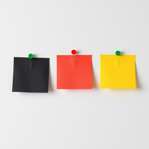 Create an image of three colorful sticky notes (black, red, and yellow) pinned to a light gray wall, with a clean minimalist style, using a DSLR camera set to f/8 aperture, 50mm lens, ISO 100, with soft natural lighting for enhanced clarity.