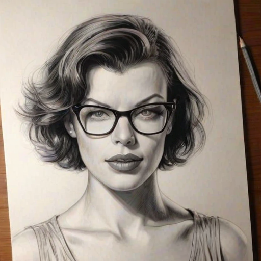 Enchanting Milla Jovovich, pencil sketch, portrait of Alluring woman 1952s in glasses, hair style beatnik, outline, clear lines, fine lines, 8k
