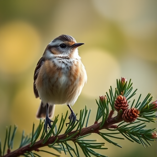 Capture a close-up of a bird perched on a pine branch with a soft bokeh background, using a DSLR camera with a 200mm lens, aperture f/2.8, ISO 400, shutter speed 1/500 sec, natural lighting.